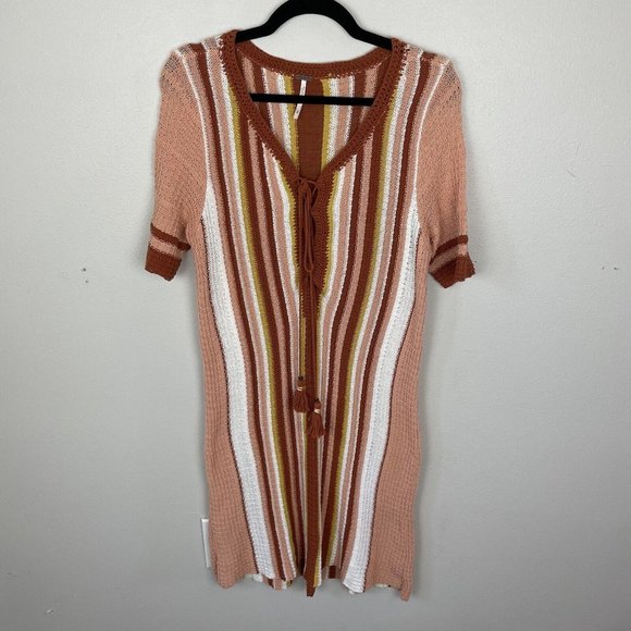 Free People Knit Tunic Dress Lollipop Lace Up Orange Yellow Stripe M Short Sleev